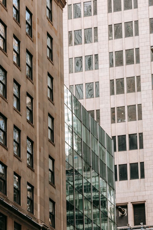 Low angle of modern multistage residential and financial buildings located in big megalopolis