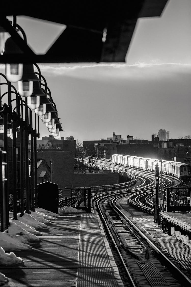 Train Riding On Tracks Of Railroad