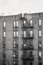 Aged building with metal fire escapes