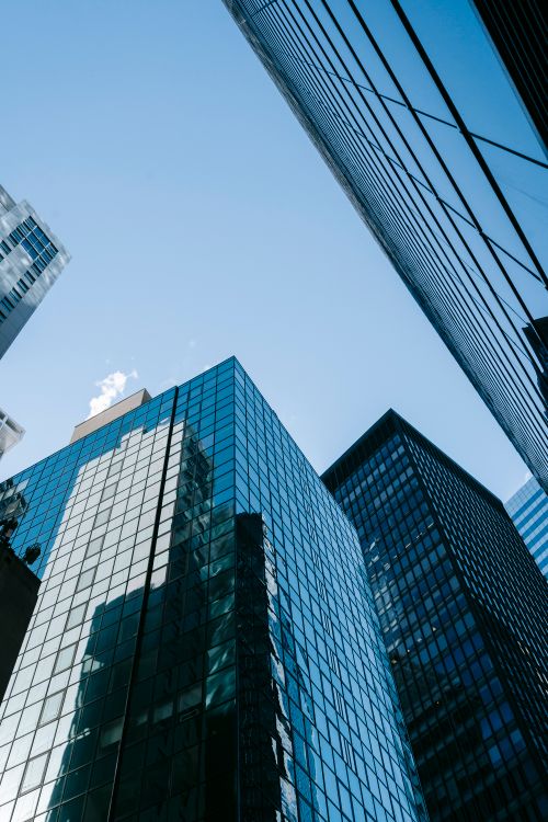 Free From below of glittering mirrored walls of contemporary high skyscrapers located against cloudless blue sky on sunny day Stock Photo