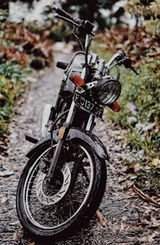 一辆老式摩托车停在潮湿的小路上，四周环绕着郁郁葱葱的树叶，营造出一种喜怒无常的氛围