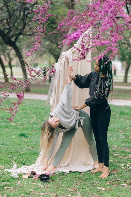 Free Two women engaged in an outdoor yoga session surrounded by blooming flowers in a serene park setting. Stock Photo