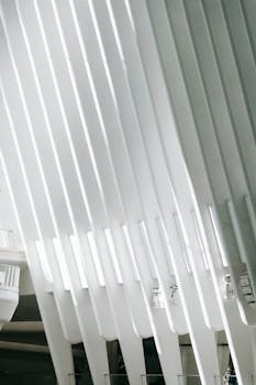 From below of white symmetric ribs covering windows in modern terminal station located in New York