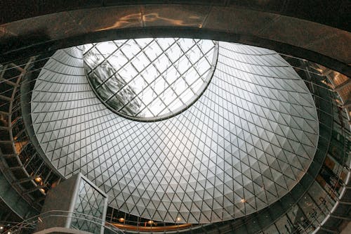 Unusual mirrored aluminium ceiling of contemporary metro station