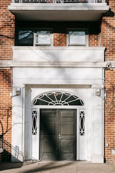 Entrance of brick building with metal door and marble elements in city residential district on sunny day