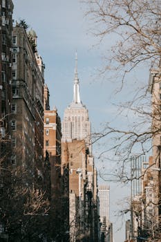 View of the Empire State Building towering over New York's urban landscape with a clear blue sky.