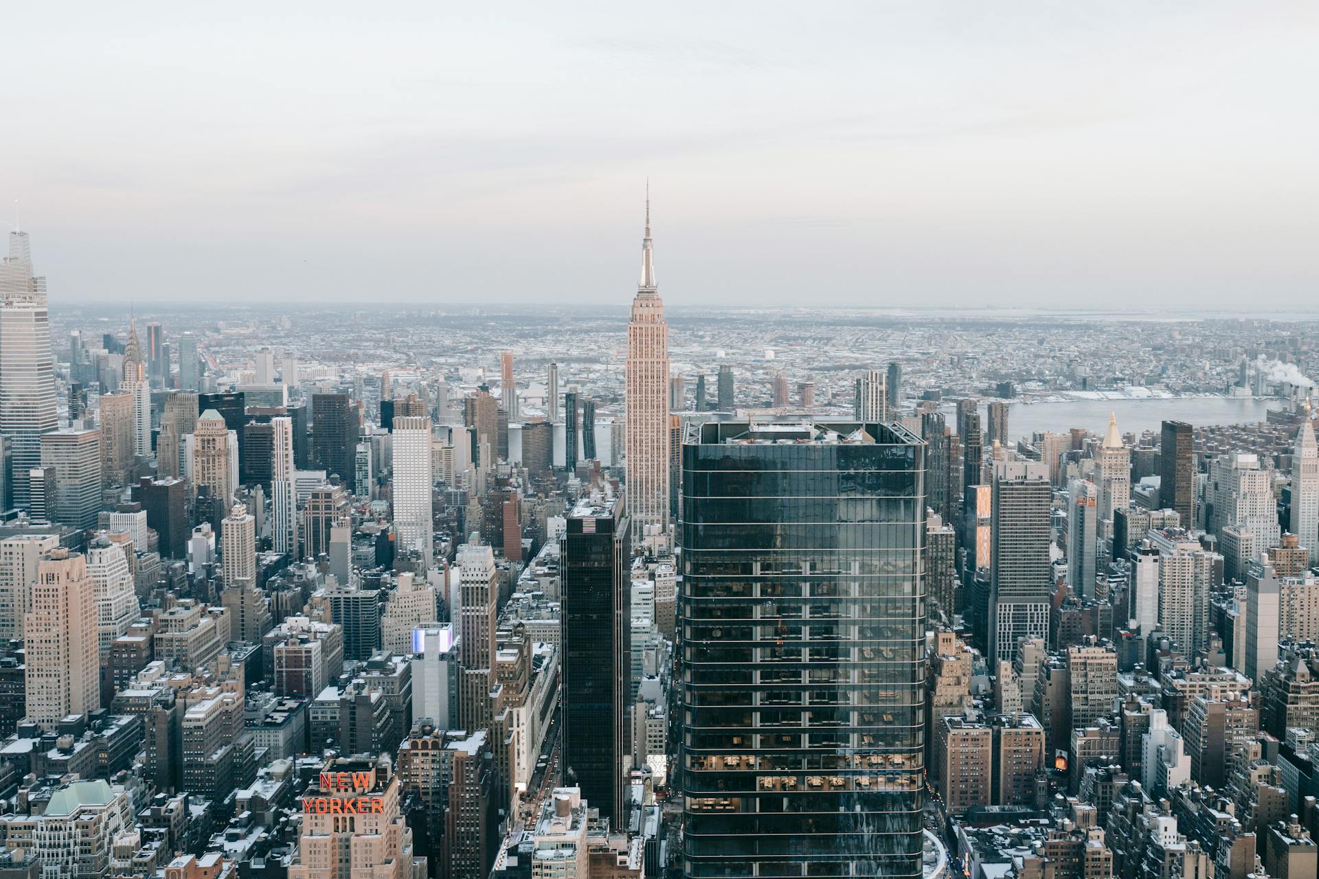 Modern multistory buildings located in office district of Manhattan on bay shore in America