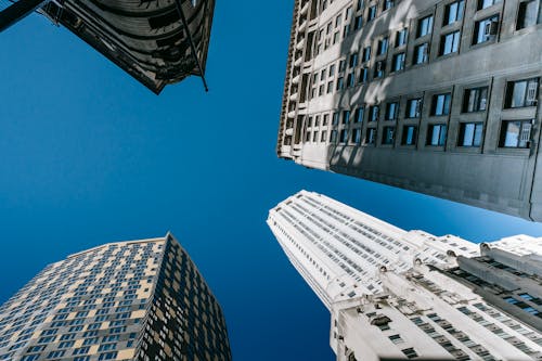 Modern multistory skyscrapers in megapolis under cloudless sky