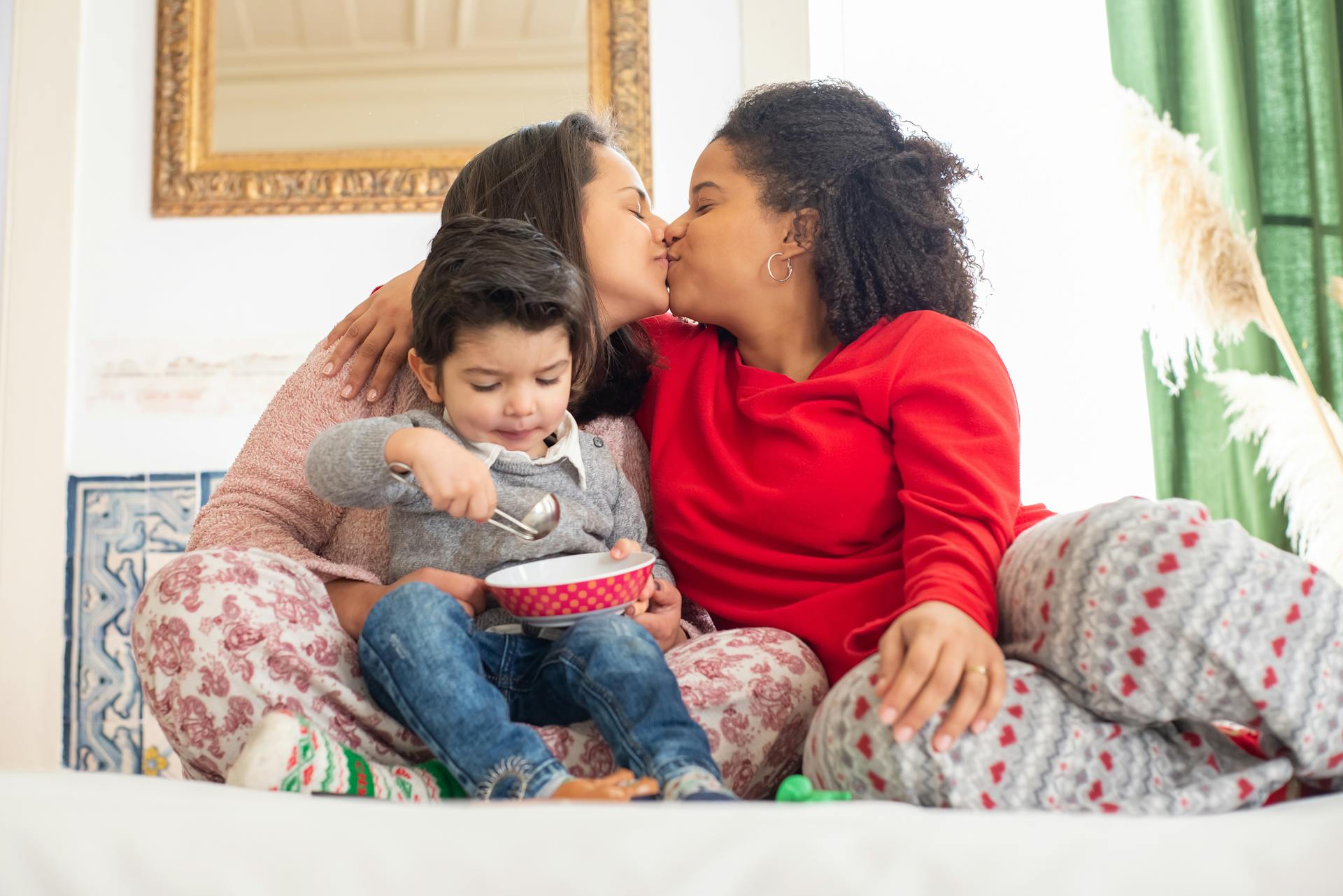 A warm moment of a diverse family enjoying time together at home.