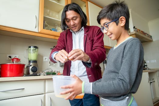 A Father and Son Preparing Breakfast