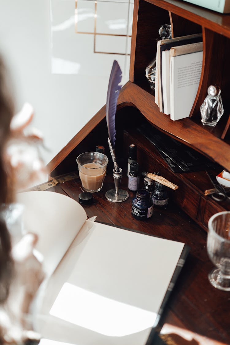 Crop Writer At Vintage Table With Empty Copybook In Sunbeam