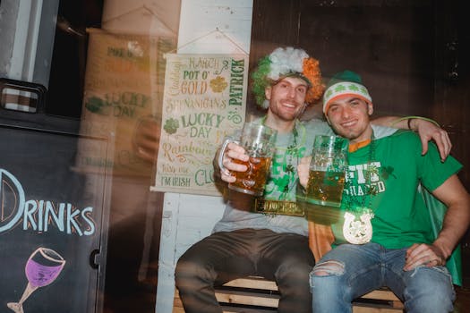 Through glass wall view of cheerful best male friends with beer embracing while looking at camera during Feast of Saint Patrick in pub