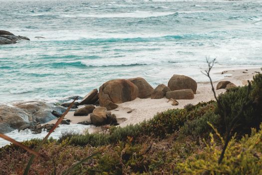 Scenery of turquoise seawater rippling near stony shore in peaceful nature on clear day