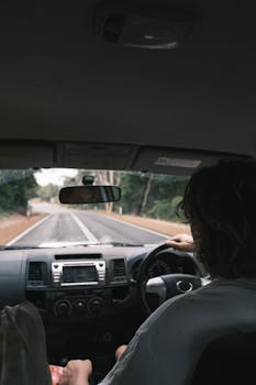 View of a driver steering on a scenic road through a car's interior.