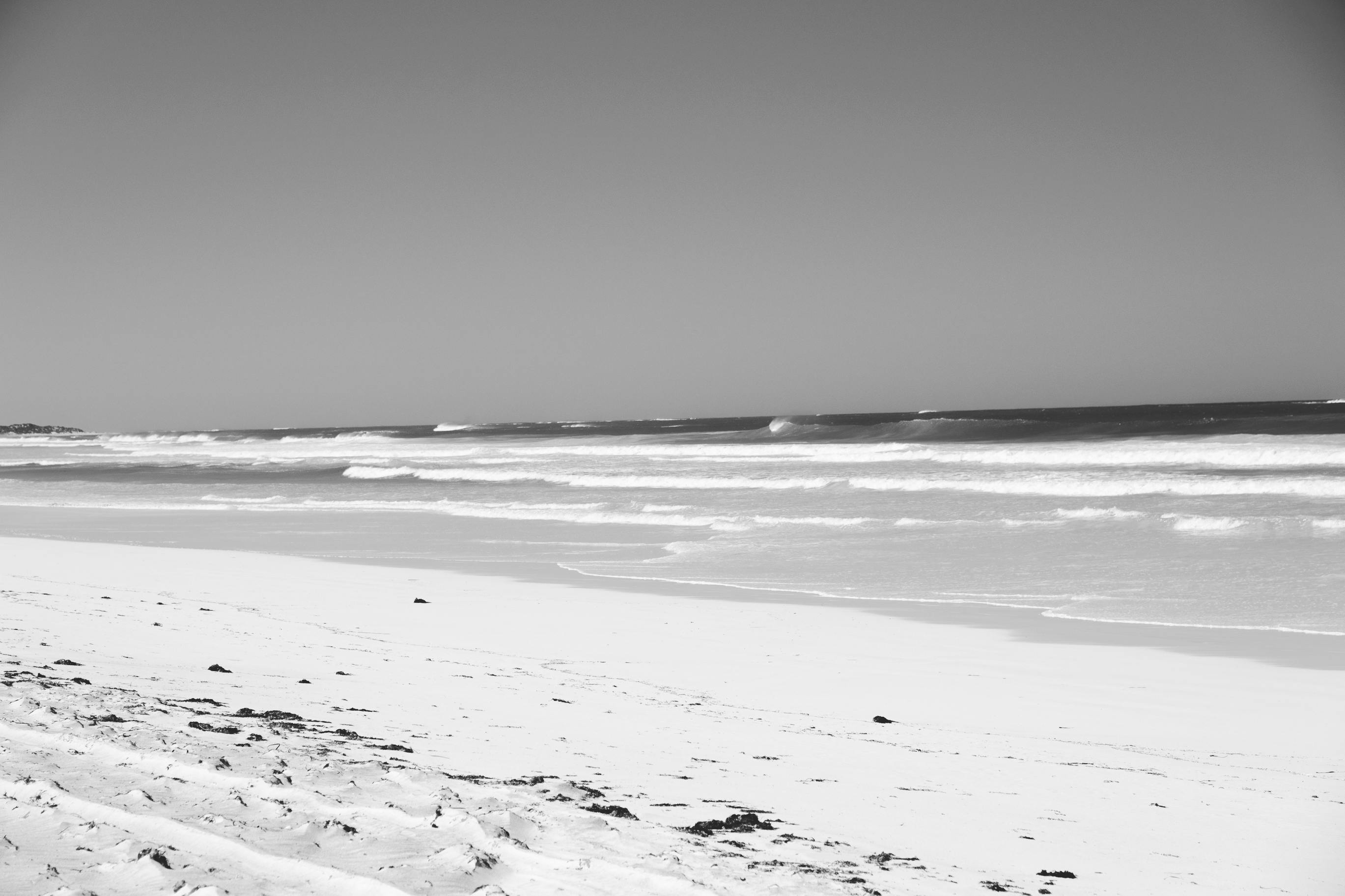 Black and white of tranquil sandy shore washed by wavy ocean with foam in daytime