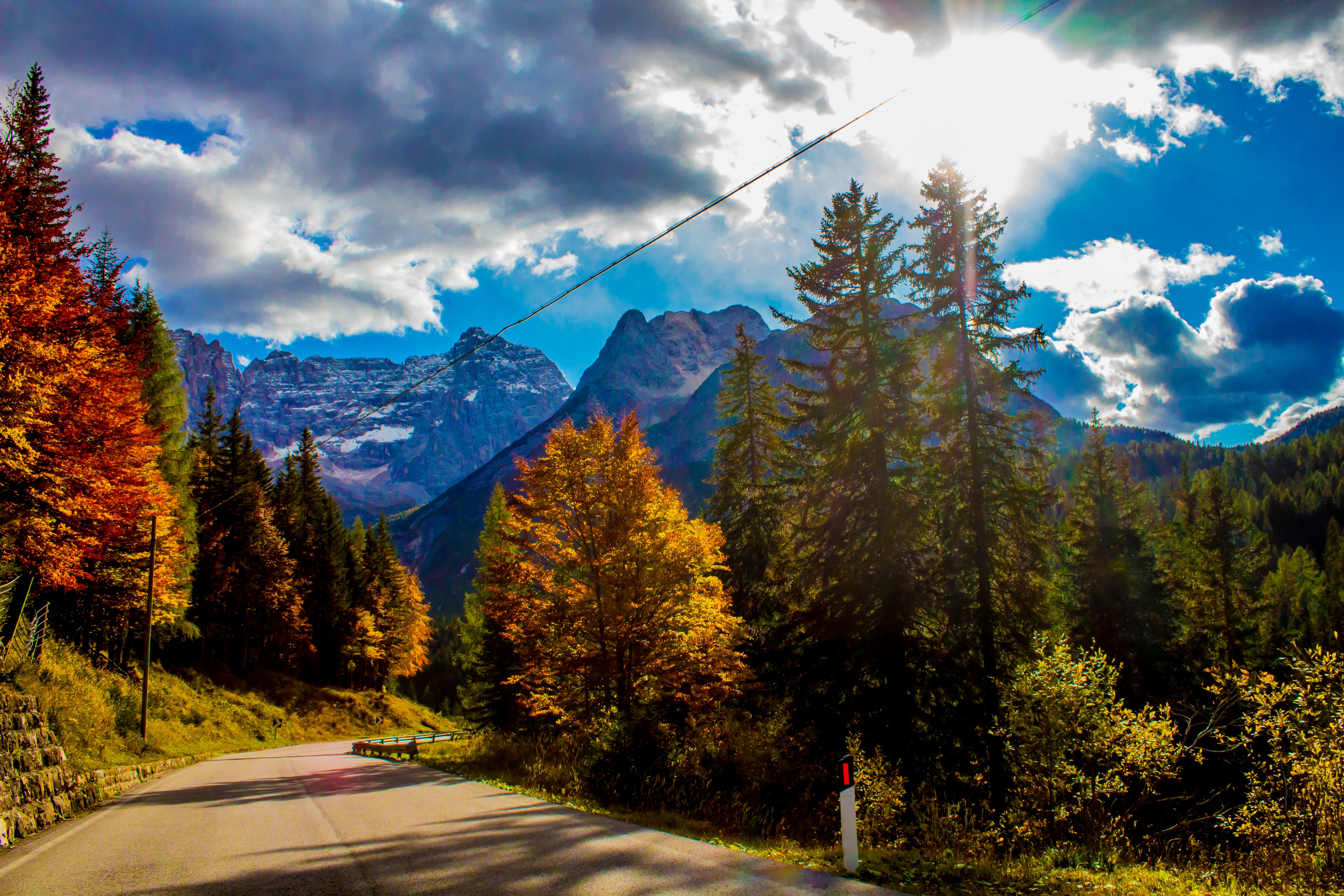 alpine mountain road autumn golden larch trees cyclist morning light
