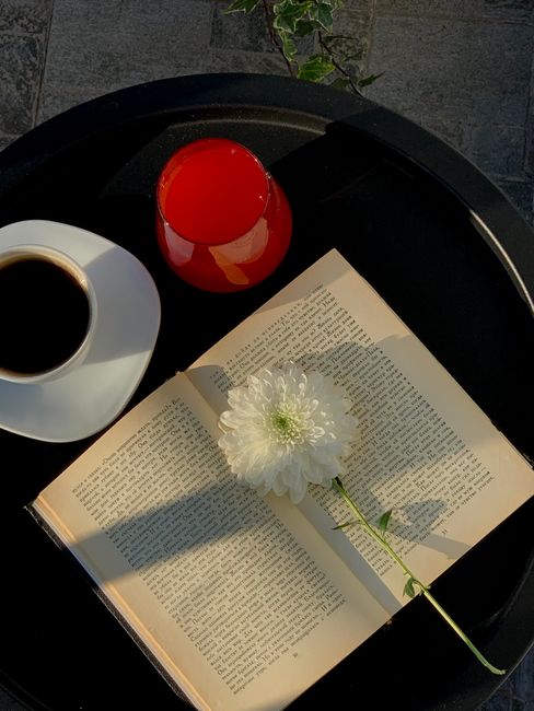 Top view of a coffee cup, open book, and white flower on a table in warm light.