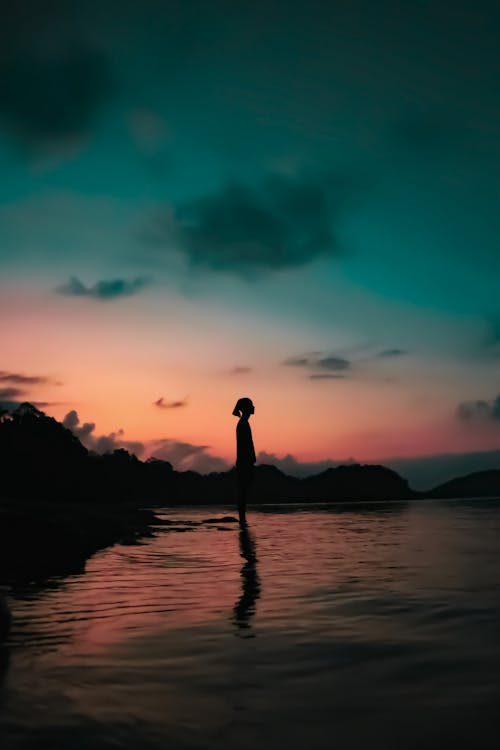 Free Silhouette of Man Standing on a Body of Water Stock Photo