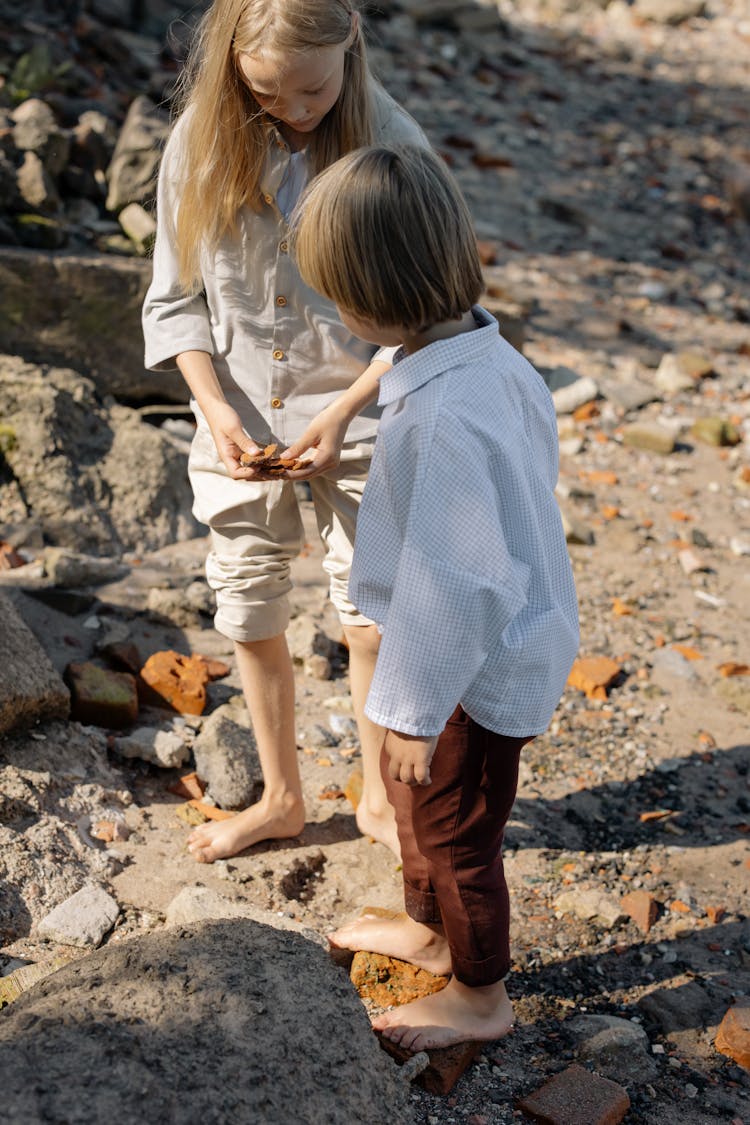 Siblings Collecting Rocks On A Shore