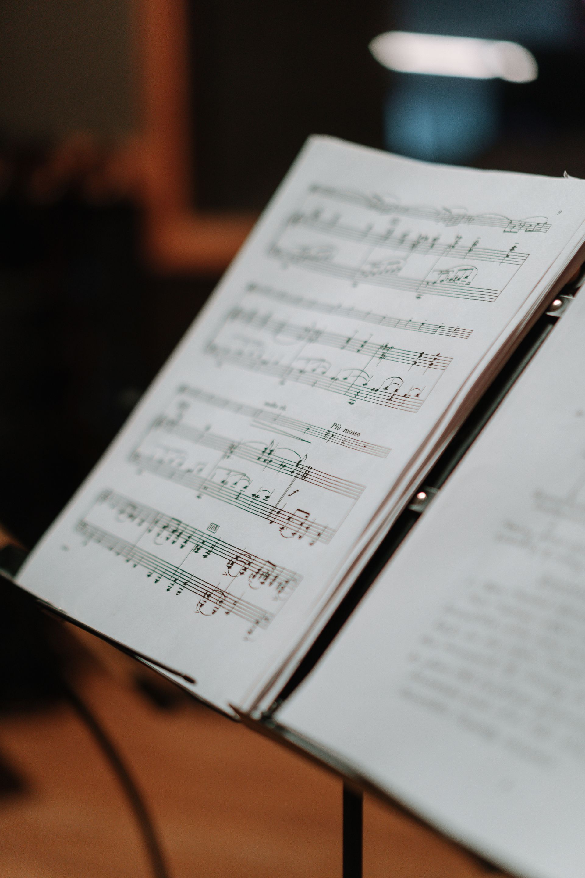Close-up of a classical score resting on a music stand