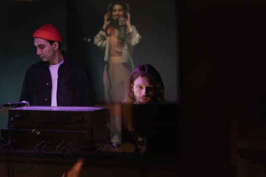 Musicians in a recording studio working together on a track.