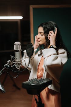 A woman sings into a microphone in a recording studio, wearing headphones and focusing on her music.