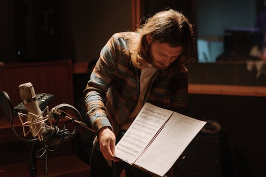 Musician arranging sheet music in recording studio with microphone setup.