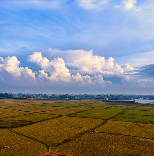 Free Expansive farmland stretches under dramatic clouds in Banten, Indonesia. Stock Photo