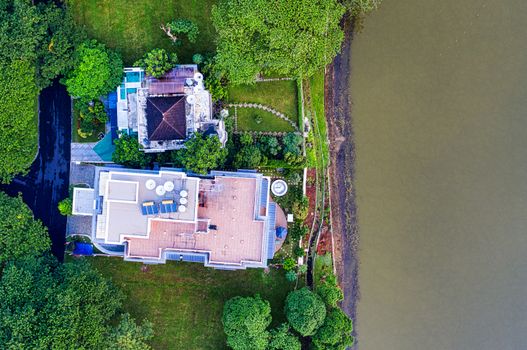 A stunning aerial view of lush riverside property in Tangerang, Indonesia.