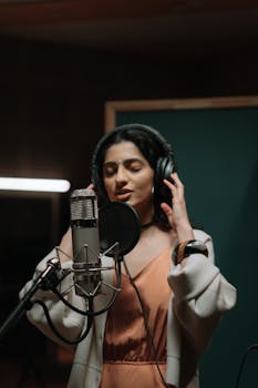 A female singer recording vocals in a professional music studio environment.