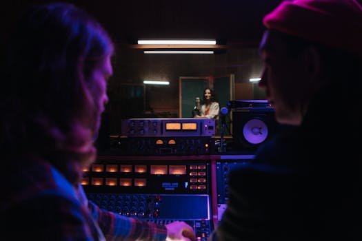 Music studio scene with engineers at mixing console and a singer in the vocal booth.