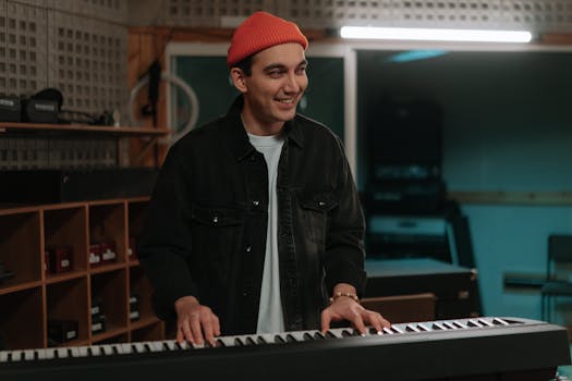 A young musician in a studio playing a keyboard and enjoying the moment.