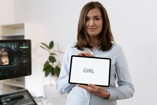 Smiling pregnant woman in clinic holding tablet with 'GIRL' text beside ultrasound machine.