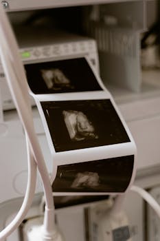 Ultrasound scan printouts from a medical machine in a clinic environment, showcasing modern diagnostic technology.