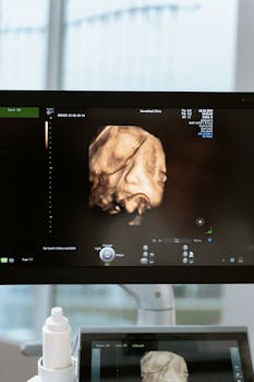 A detailed 3D ultrasound scan displaying a fetus on a medical monitor in a clinic setting.