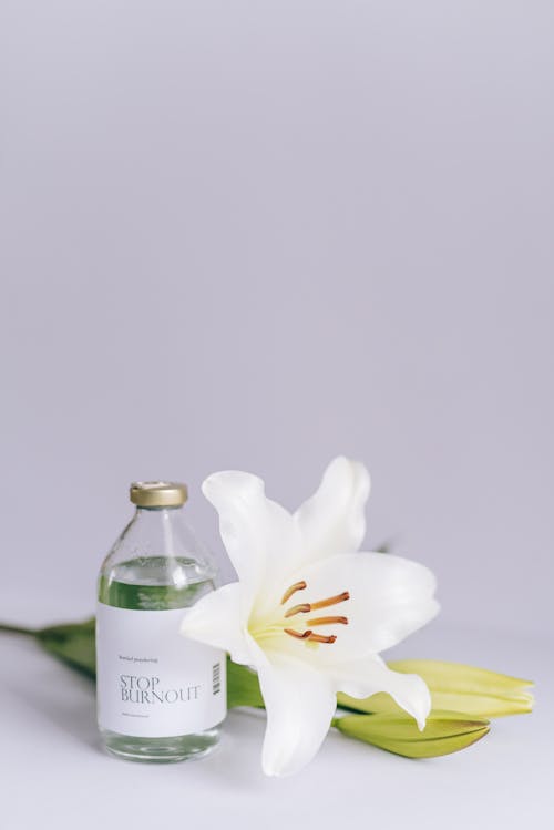 Close-Up Shot of a Bottle of Liquid beside a White Flower