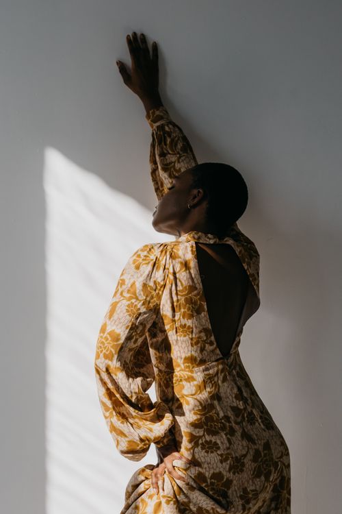 A Woman in Gold Floral Dress Posing · Free Stock Photo