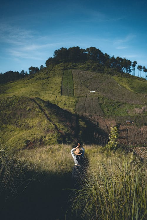 Back view of unrecognizable female with hands on head standing in gassy meadow against hill with fields