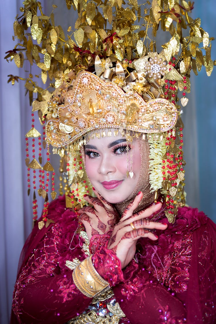 Woman In Long Sleeves Dress Wearing Gold Headdress