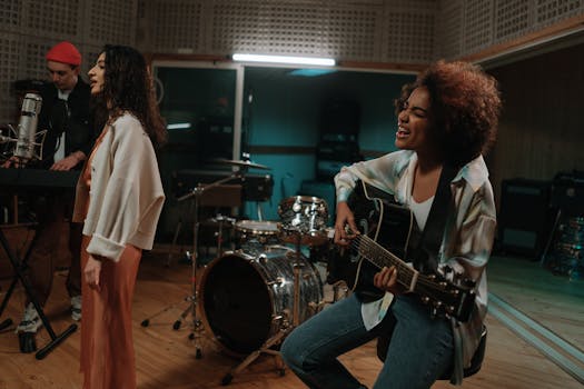 A diverse band passionately rehearsing with instruments in a modern music studio.