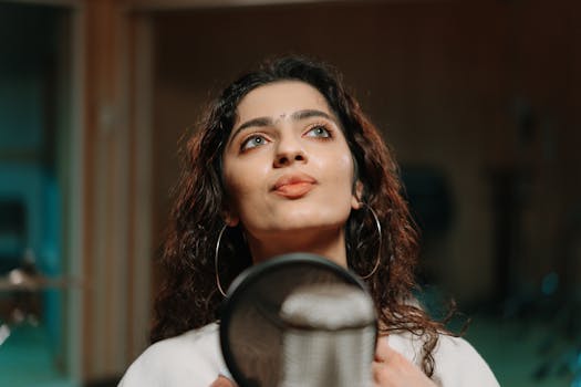 Portrait of a woman singing in a professional recording studio.