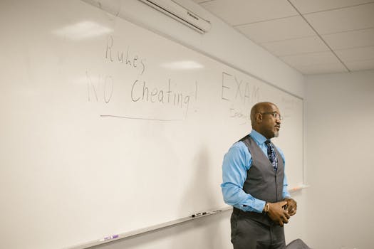 A professor in a classroom emphasizing exam rules on a whiteboard.