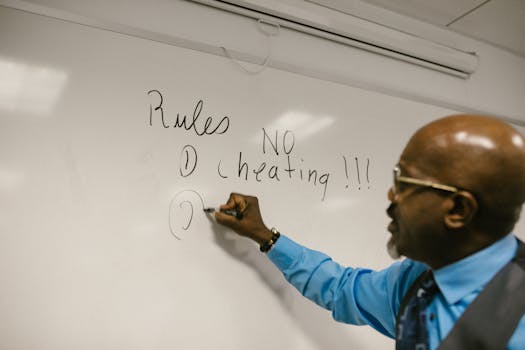 Instructor highlighting classroom rules, emphasizing no cheating policy.