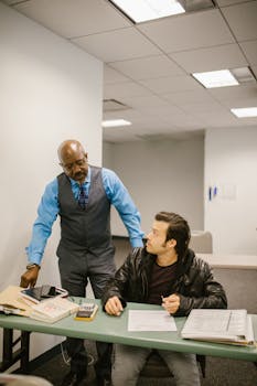 Educator supervises student in classroom setting, ensuring academic integrity.