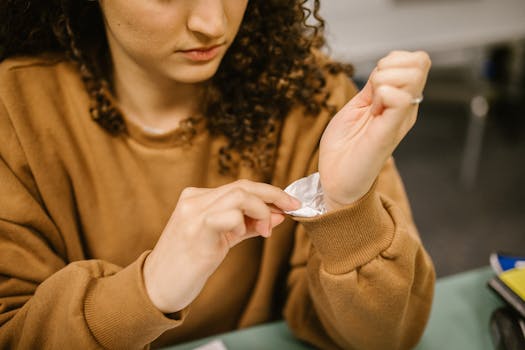 Close-up of a student using a hidden cheat sheet on their wrist during an exam, indoors.
