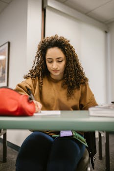 Young woman focused on writing notes during a study session in a classroom.
