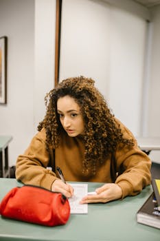A female college student discreetly using a cheat sheet during a test in a classroom setting.
