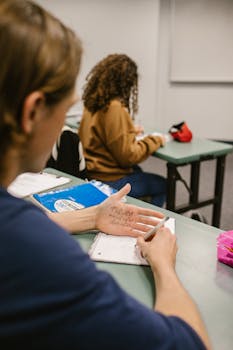 A student discreetly cheating during an exam by writing notes on their palm in a classroom setting.