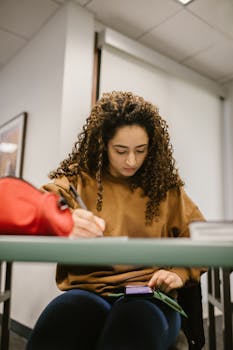 Young woman writing in classroom with smartphone in hand, studying.