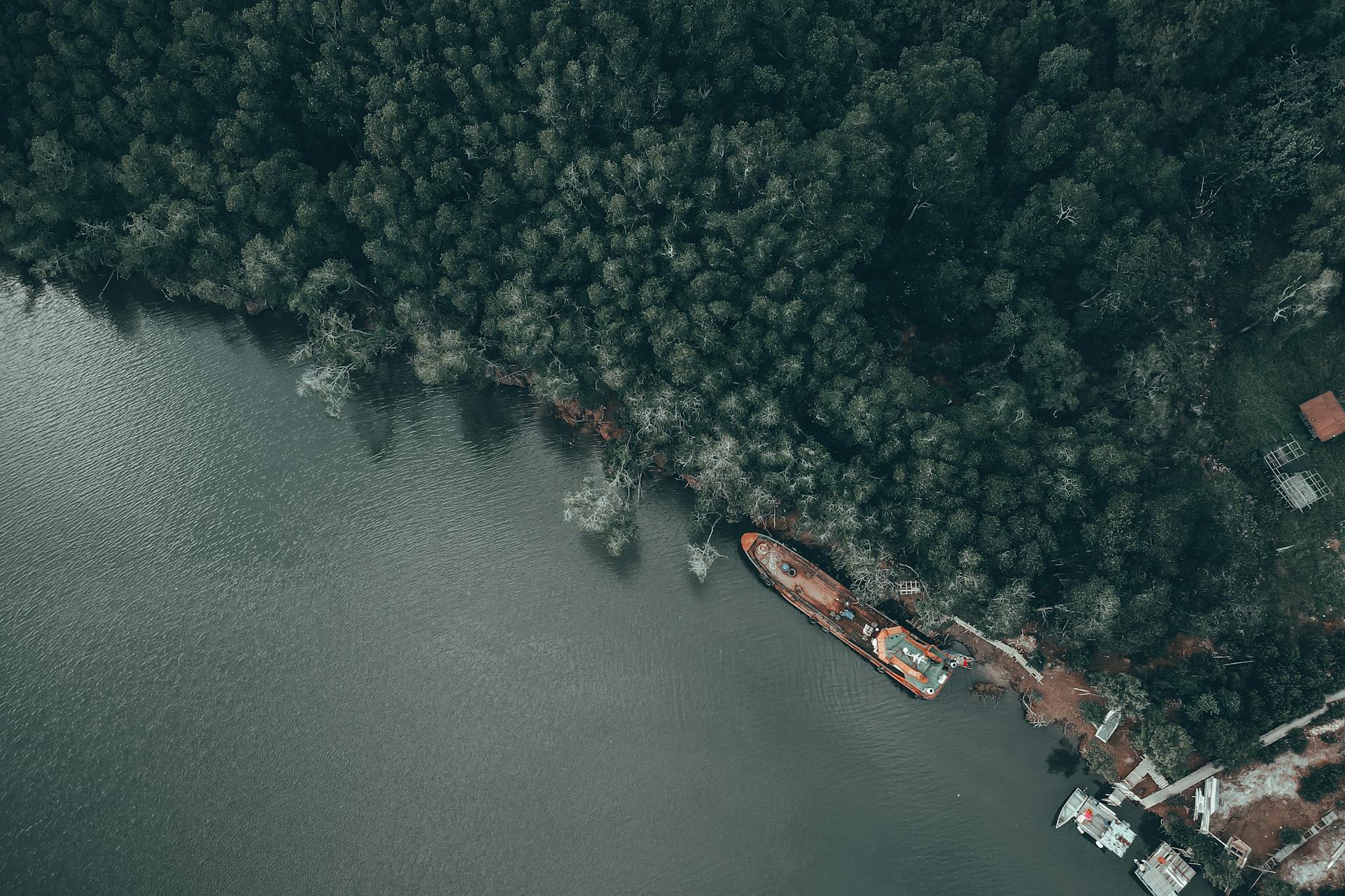 An aerial view of a dense rainforest along a riverbank with a cargo vessel in Chukai, Malaysia.